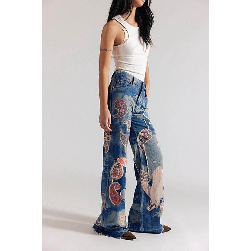 Free People Flying High Patched Jeans We The Free Embroidered Free‎ Birds 26 NWT - Picture 2 of 10